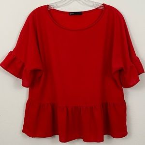 Red Peplum Flutter Sleeve Top